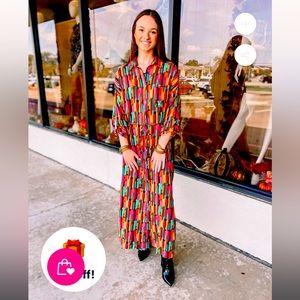 Play It Again Button Up Watercolor Maxi Dress With Embroidered Back